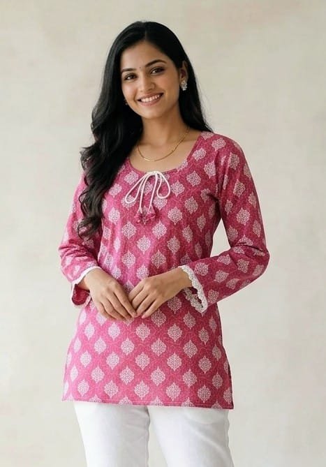 Women's Printed Cotton Round Neck Straight Kurti | Casual & Daily Wear Kurti | Pink